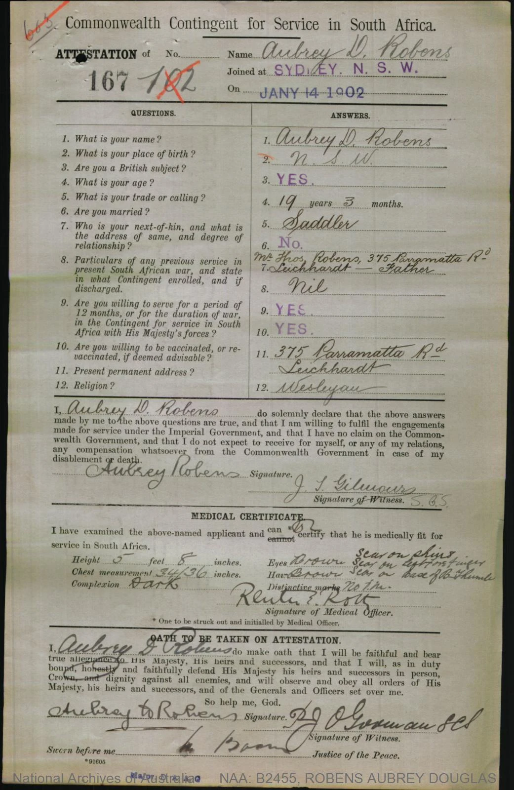 Attestation form of the Commonwealth Contingent for Service in South Africa, completed by Aubrey D. Robens at Sydney on 14 January 1902.
