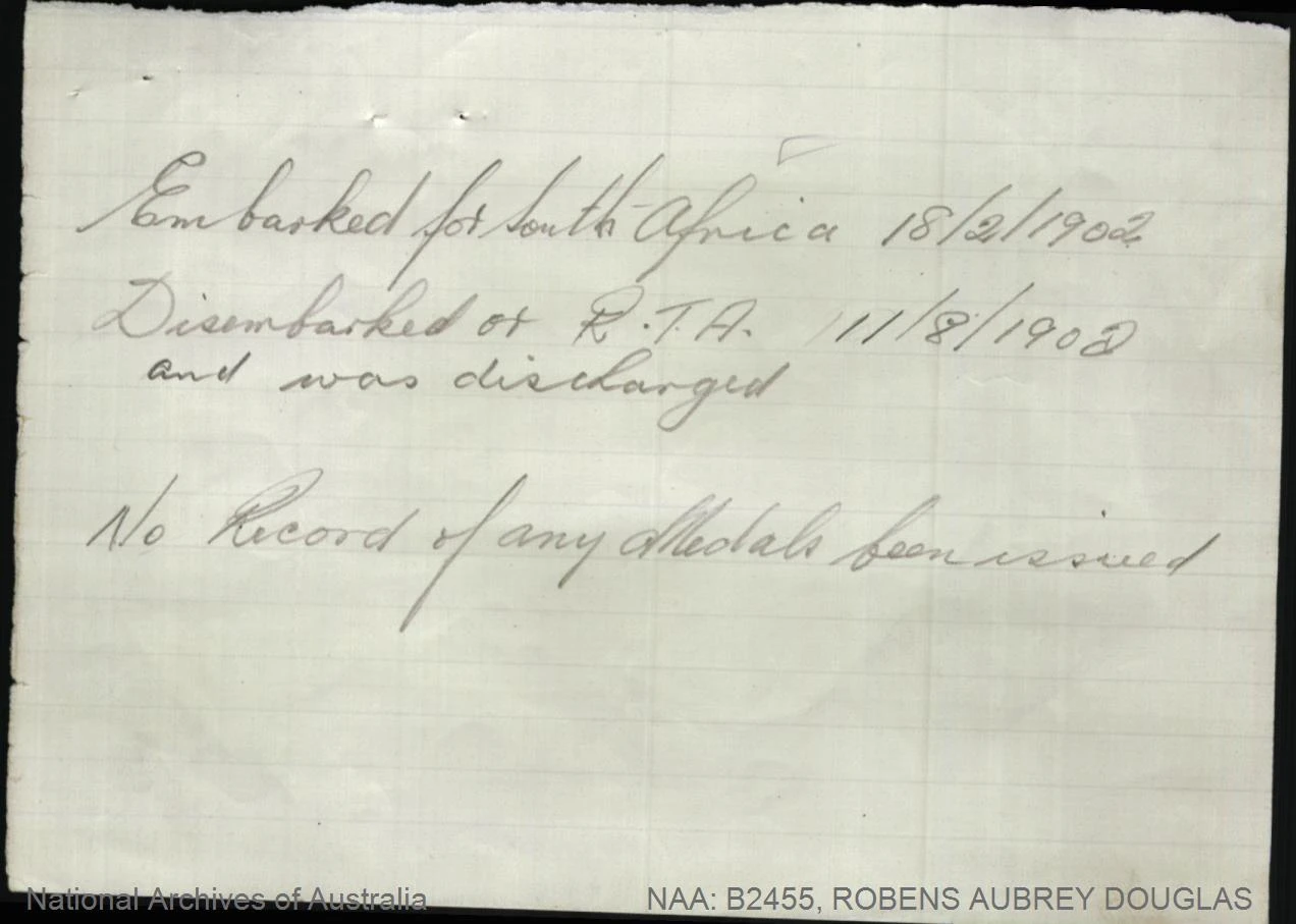 Handwritten service slip recording embarkation, disembarkation and that no medals were issued.