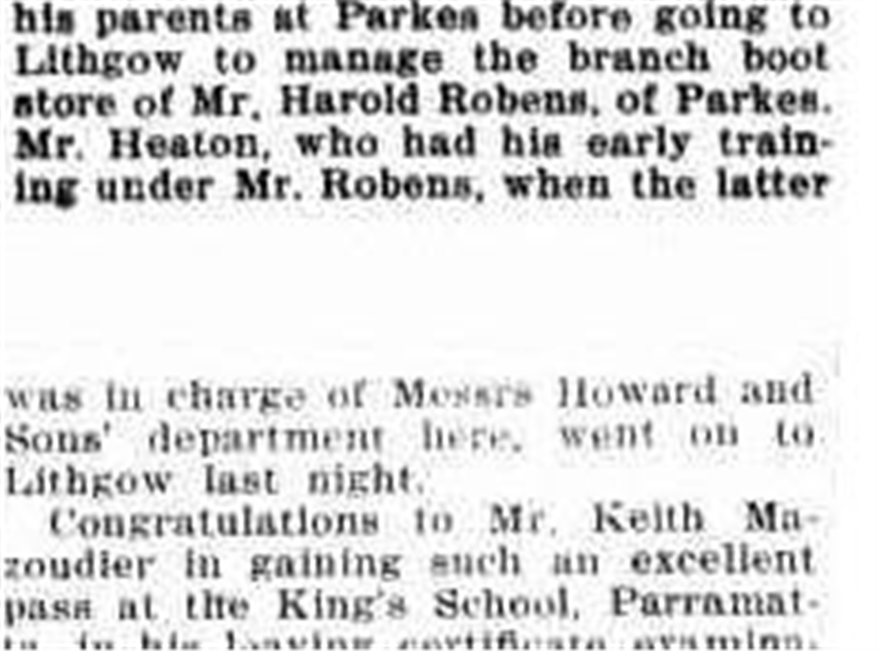 Newspaper item reporting Herbert Heaton going to Lithgow to manage the branch boot store of Mr Harold Robens of Parkes.
