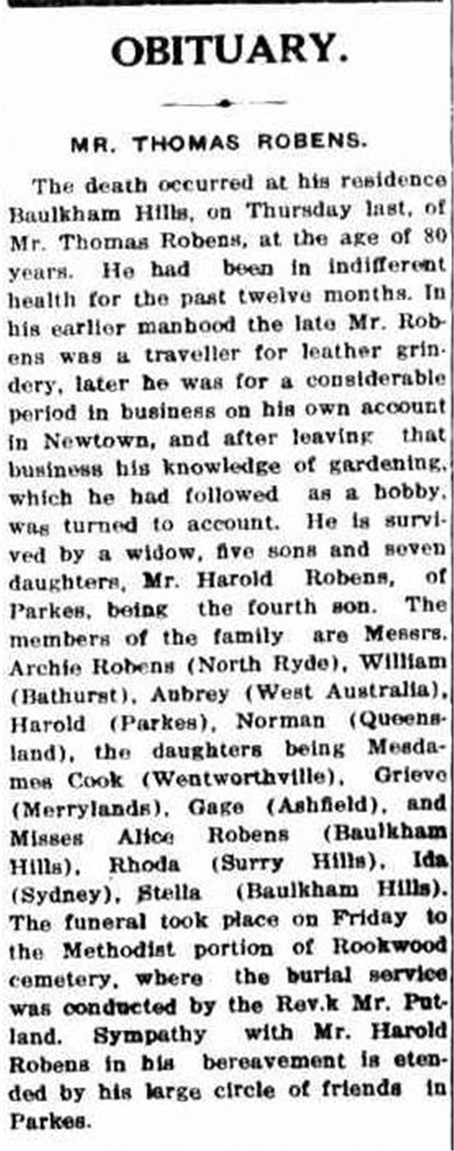 Newspaper obituary of Mr Thomas Robens of Baulkham Hills, naming all twelve of his children and where each was living in 1928.