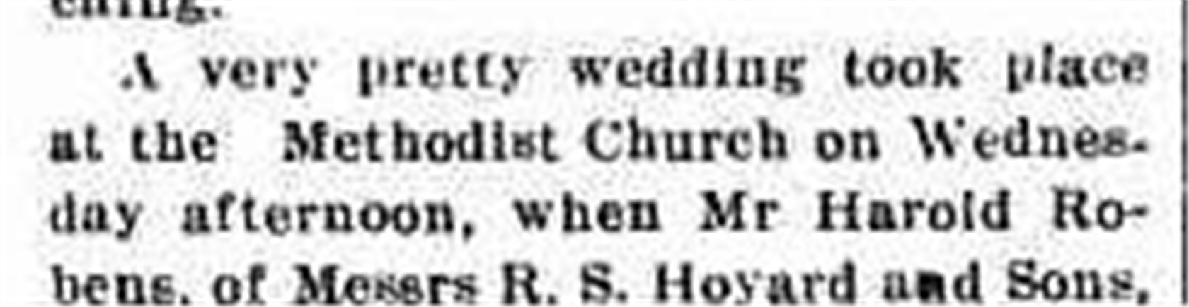 Newspaper paragraph reporting the marriage of Mr Harold Robens, of Messrs R. S. Howard and Sons, at the Methodist Church, Parkes.