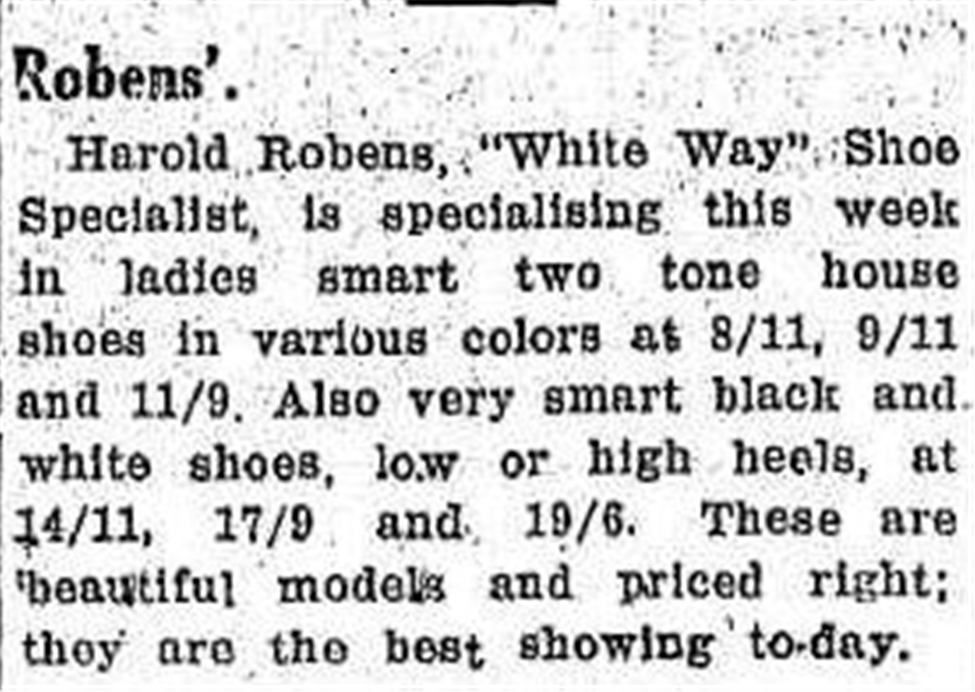 Newspaper advertisement headed Robens, Harold Robens White Way Shoe Specialist, listing ladies two-tone house shoes at 8/11, 9/11 and 11/9.
