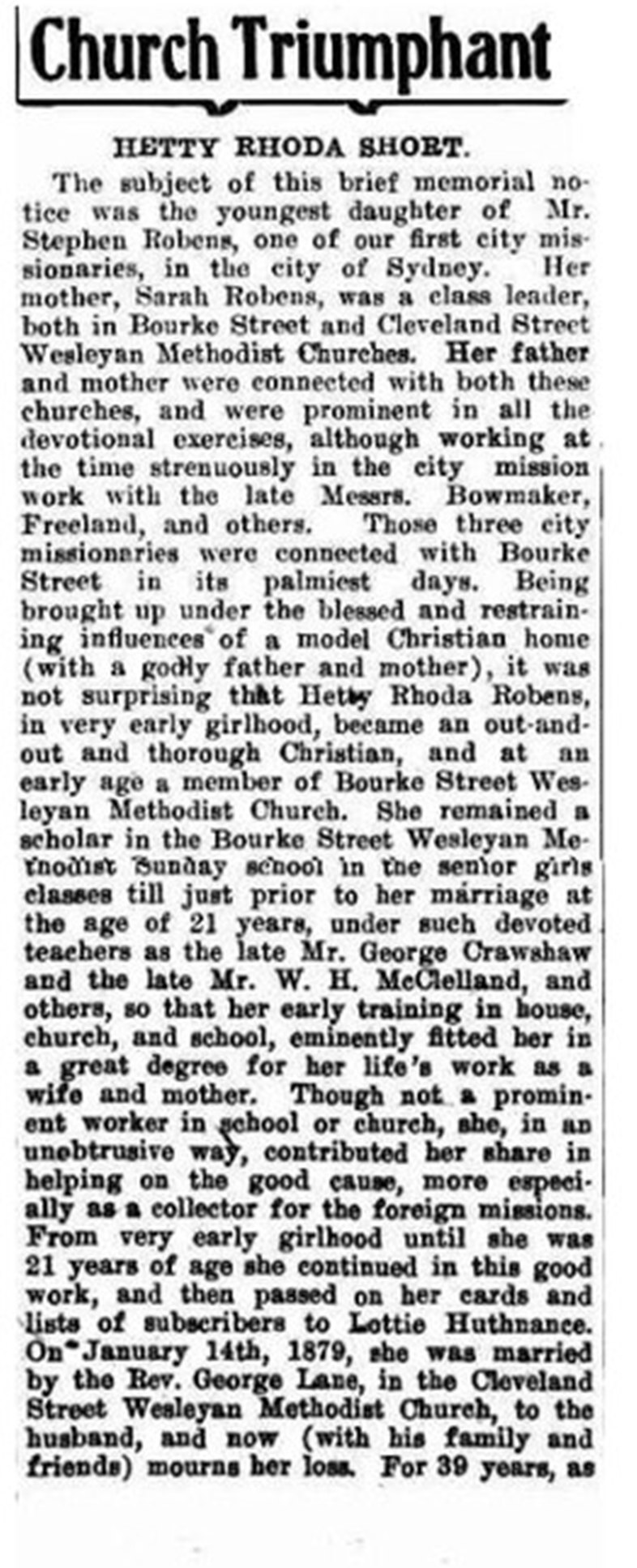 Newspaper column headed “Church Triumphant” with the subheading “HETTY RHODA SHORT”, in dense nineteenth-century type.
