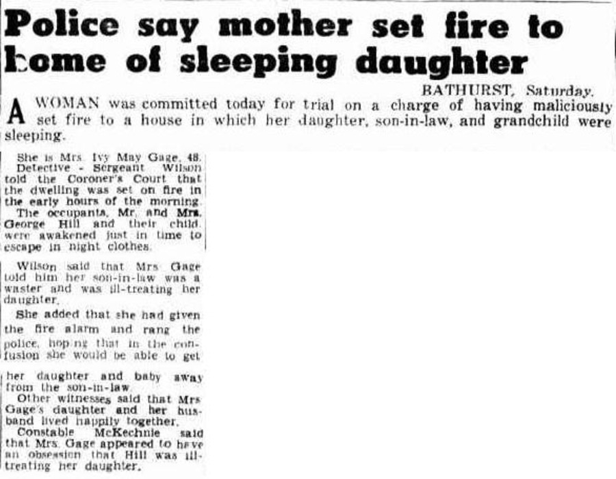 Newspaper report headed “Police Say Mother Set Fire to Home of Sleeping Daughter”.