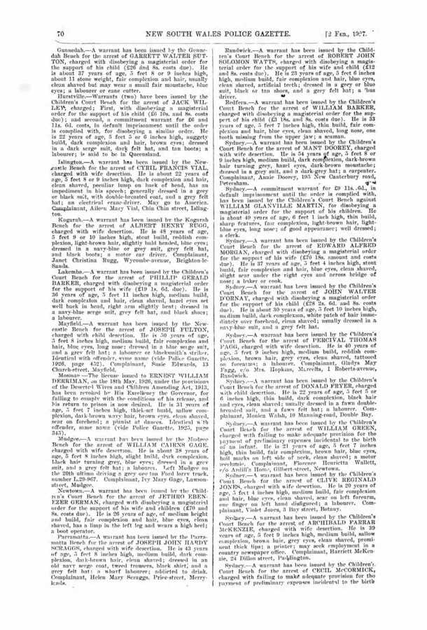 Page of the New South Wales Police Gazette listing warrants, including the Mudgee entry for William Cairns Gage.