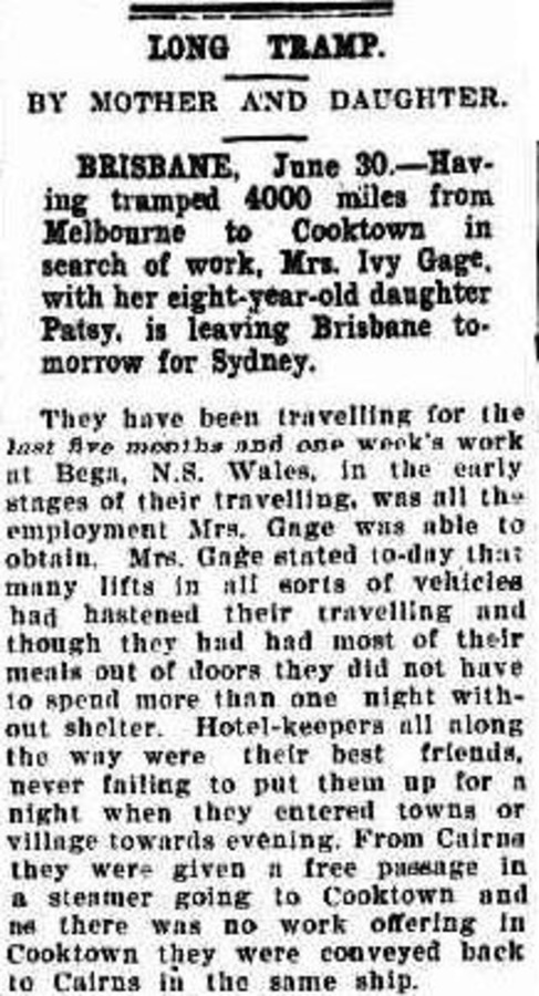 Newspaper column headed “Long Tramp”, reporting a mother and daughter walking from Melbourne to Cooktown.
