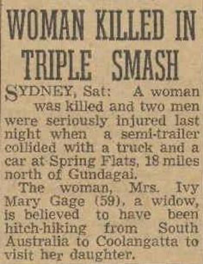 Newspaper report headed “Woman Killed in Triple Smash”, on a collision on the Hume Highway near Gundagai.
