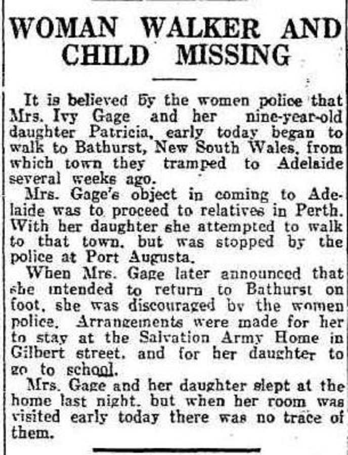 Newspaper report headed “Woman Walker and Child Missing”, on a mother and daughter leaving a Salvation Army home overnight.