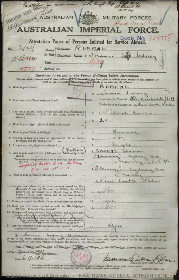 First page of Norman Sidney Robens’s AIF attestation paper, 1916.