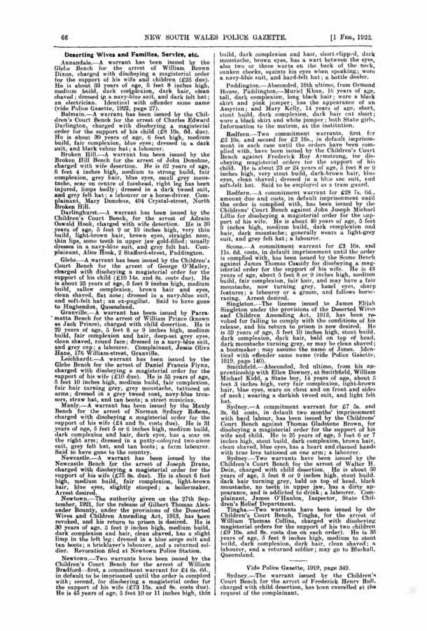 Page of the New South Wales Police Gazette for 1 February 1922 showing the Manly warrant entry.