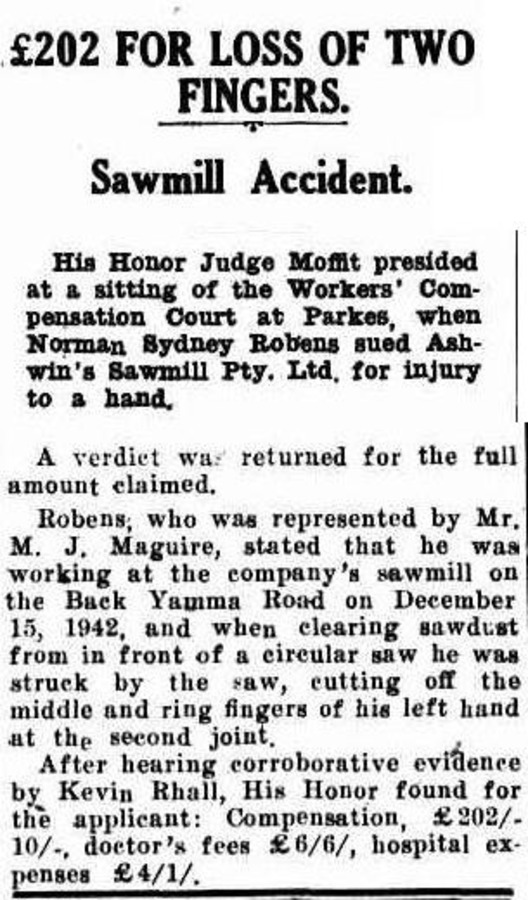 Newspaper report headed “£202 for Loss of Two Fingers — Sawmill Accident”.