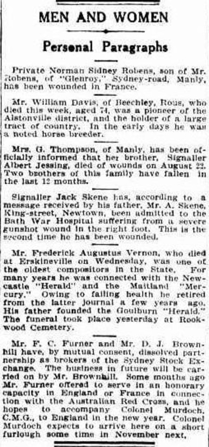 Short newspaper paragraph reporting that Private Norman Sidney Robens of Glenroy, Manly, has been wounded in France.