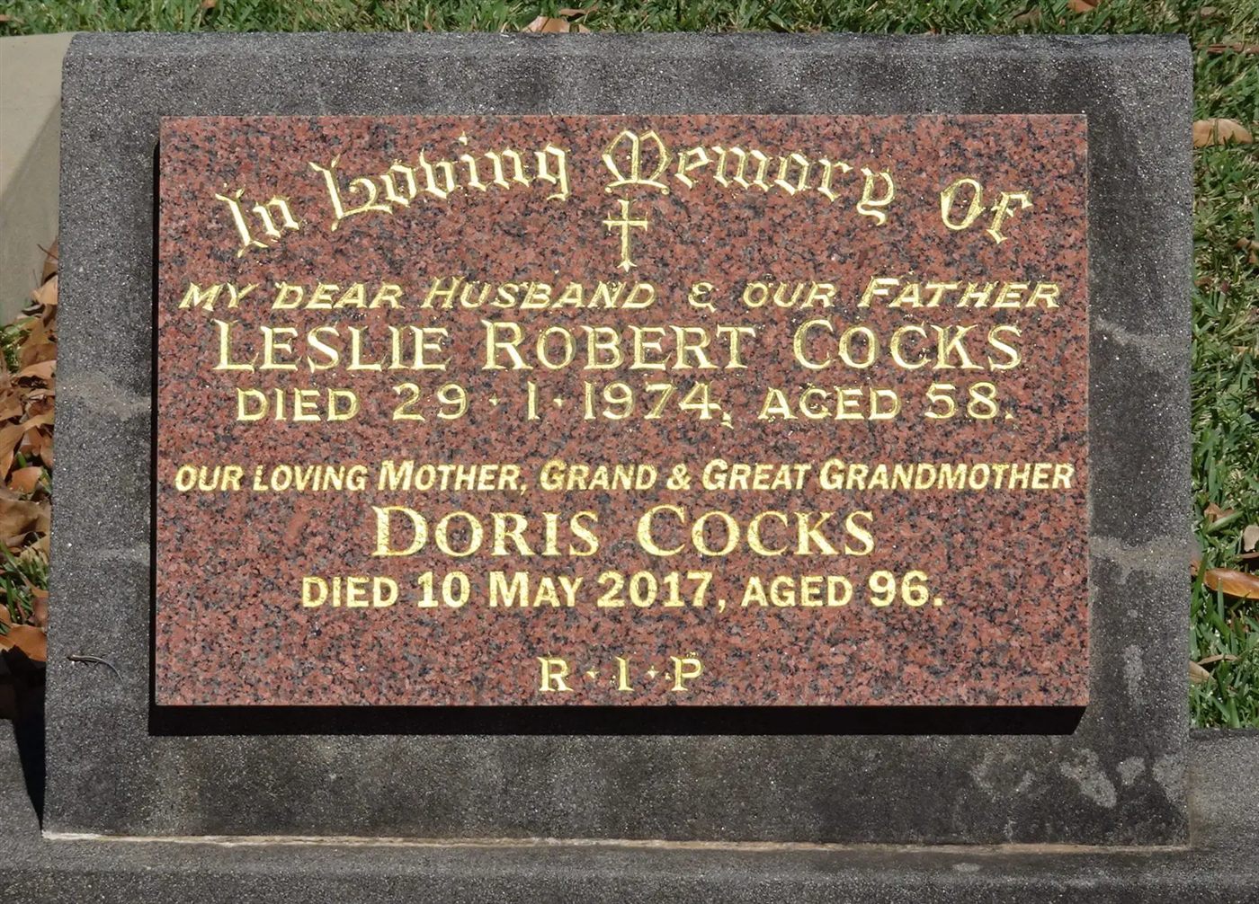Headstone at Woronora Memorial Park for Leslie Robert Cocks, died 29 January 1974, and Doris Cocks, died 10 May 2017.