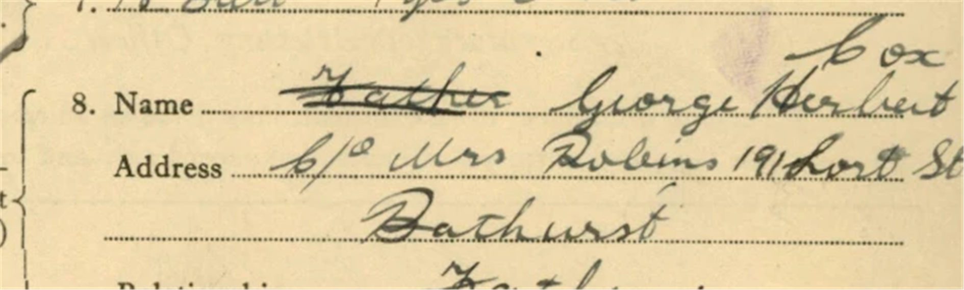 Question eight of a 1941 army attestation form: next of kin George Herbert Cox, care of Mrs Robens, 191 Lort Street, Bathurst, relationship father.