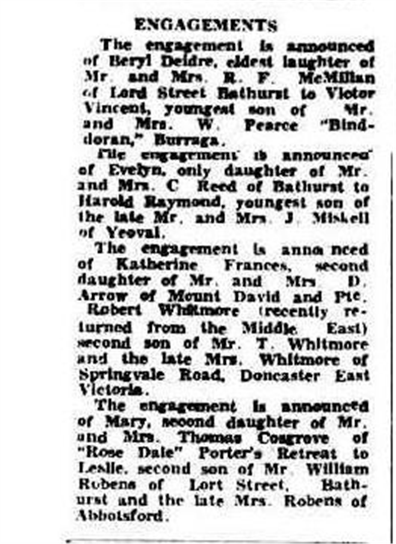 Newspaper engagements column announcing the engagement of Mary Cosgrove to Leslie Robens.