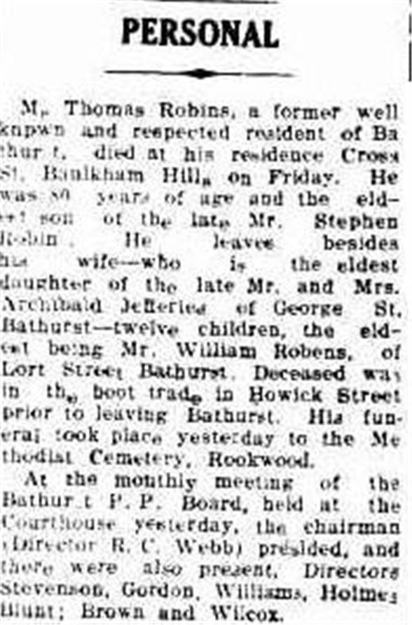 Newspaper death notice headed “Personal”, reporting the death of Thomas Robins, formerly of Bathurst, at Baulkham Hills.