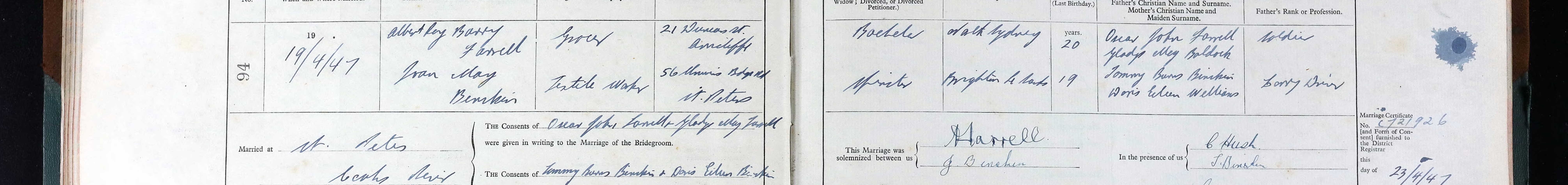 Marriage register entry No. 94 recording the marriage of Albert Roy Barry Farrell, grocer of Arncliffe, and Joan May Benskin, textile worker of St Peters, on 19 April 1947, naming his parents as Oscar John Farrell and Gladys May Baldock.