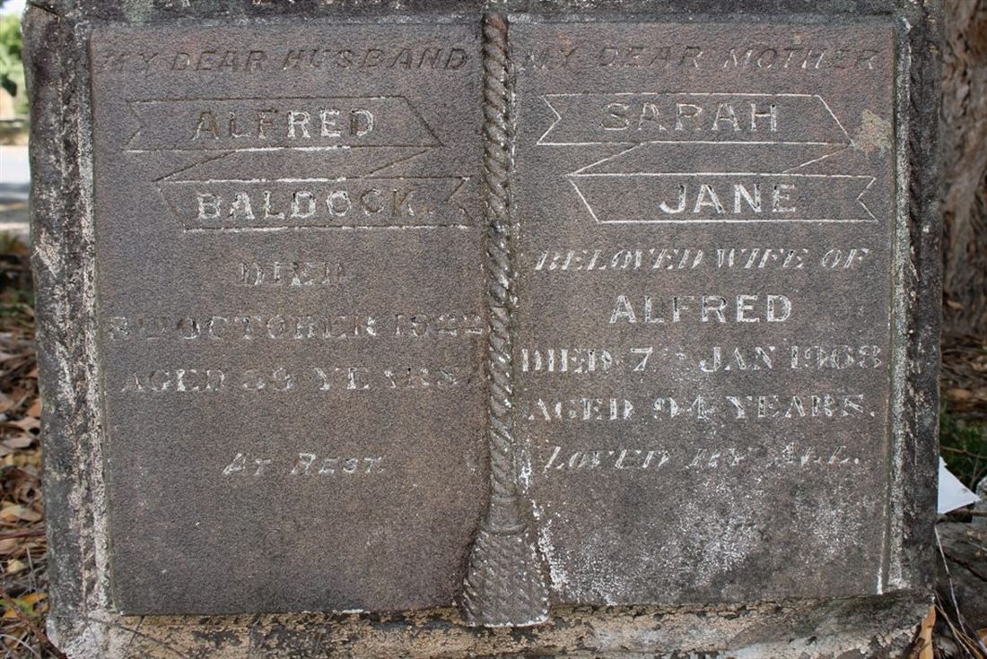 A shared granite headstone inscribed "My dear husband Alfred Baldock, died 8 October 1922, aged 59 years, at rest" and "My dear mother Sarah Jane, beloved wife of Alfred, died 7th Jan 1963, aged 94 years, loved by all."