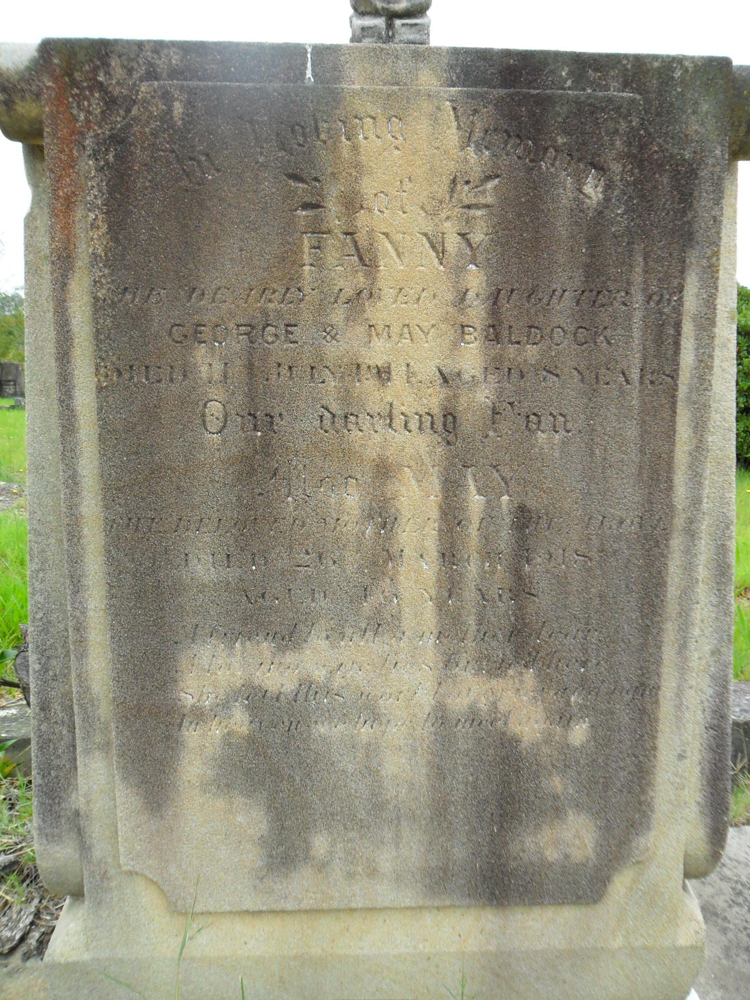 A weathered sandstone headstone at Rookwood Cemetery, inscribed in loving memory of Fanny, daughter of George and May Baldock, and of May, wife of George Baldock.