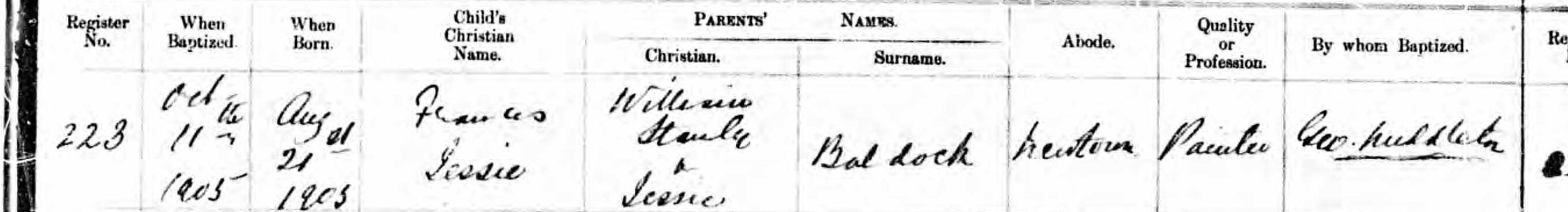 Church of England baptism register entry No. 223 for Frances Jessie Baldock, baptised 11 October 1905, born 21 August 1905, parents William Stanley and Jessie Baldock of Newtown, father’s profession painter, by Geo. Middleton.