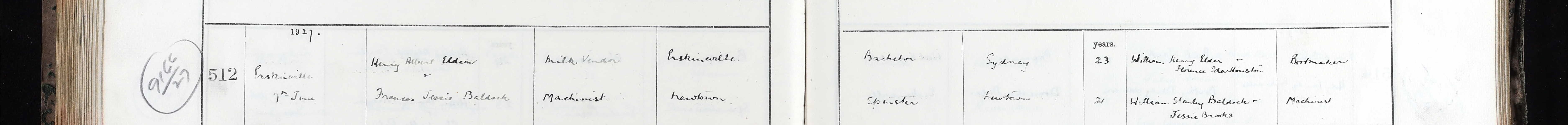 Marriage register entry No. 512 recording the marriage of Henry Albert Elder, milk vendor of Erskineville, and Frances Jessie Baldock, machinist of Newtown, on 7 June 1927.