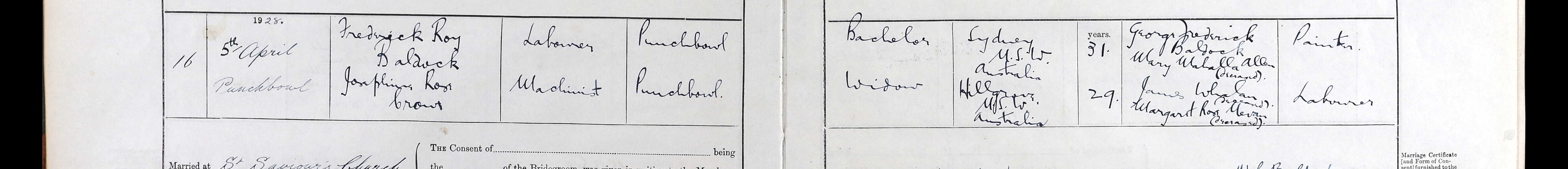 Marriage register entry No. 16 recording the marriage of Frederick Roy Baldock, labourer of Punchbowl, and Josephine Rose Crow, machinist of Punchbowl, on 5 April 1928 at St Saviour’s Church, Punchbowl, with the ages, birthplaces and parents of both parties.