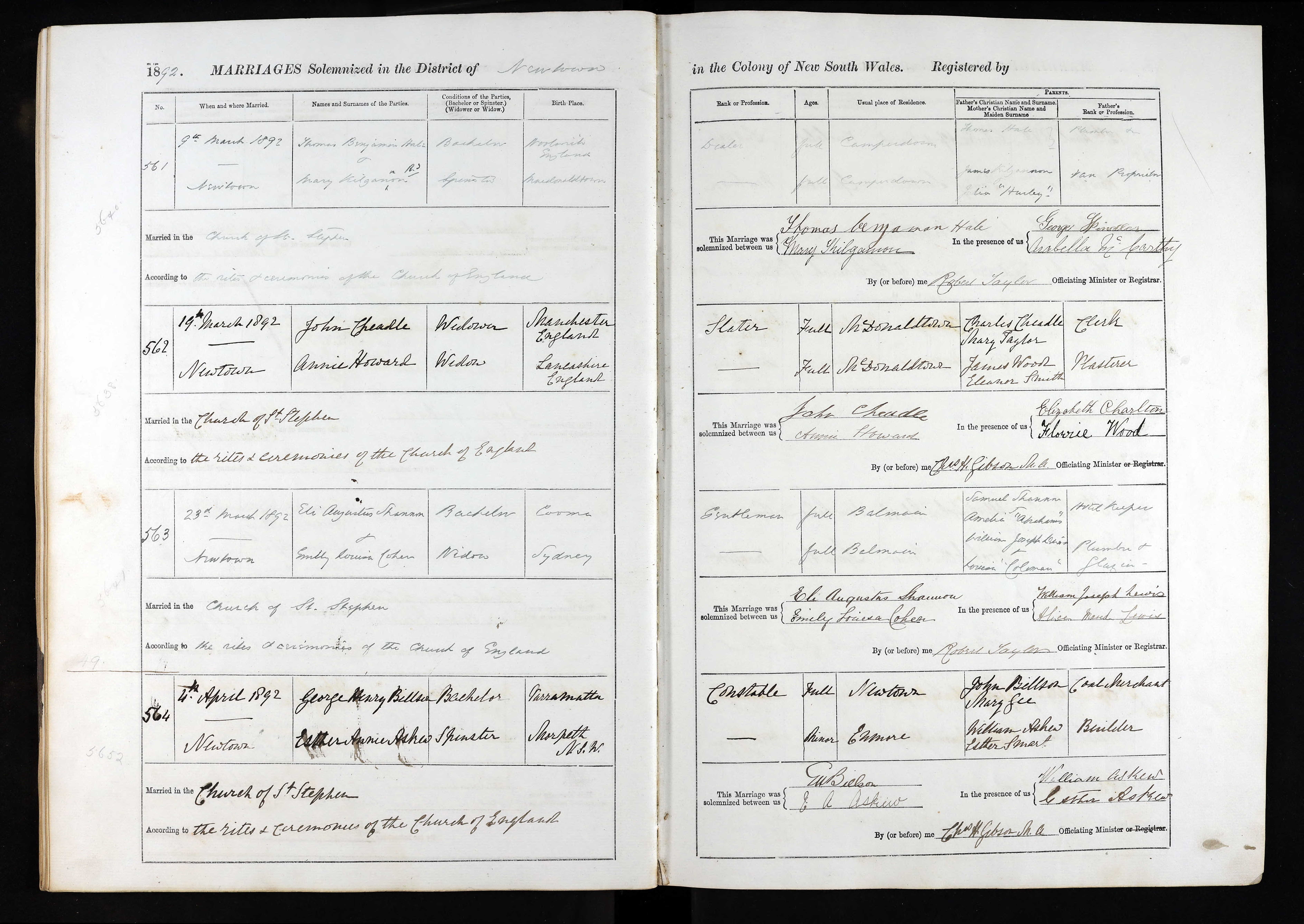 NSW marriage register, St Stephen’s Church, Newtown, 23 March 1892: Eli Augustus Shanan, bachelor, to Emily Louisa Cohen, widow, her parents recorded as William Joseph Lewis and Louisa "Coleman," witnessed by William Joseph Lewis and Alice Maud Lewis.