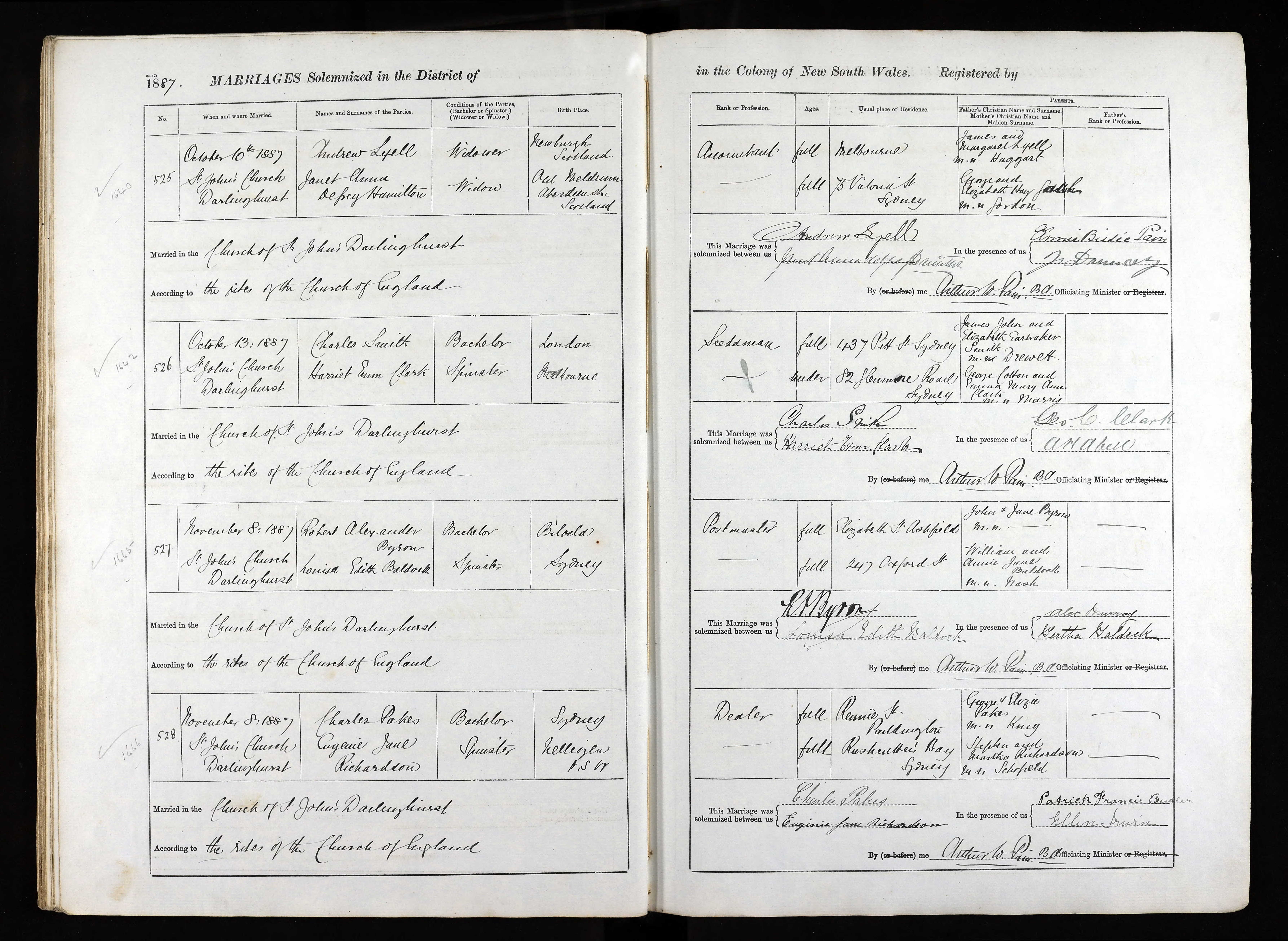 NSW marriage register, St John’s Church, Darlinghurst, 8 November 1887: Robert Alexander Byron, postmaster, of Elizabeth Street, Ashfield, and Louisa Edith Baldock of 247 Oxford Street, her parents given as William and Annie Jane Baldock, m.n. Nash, witnessed by Alexander Murray and Bertha Baldock.