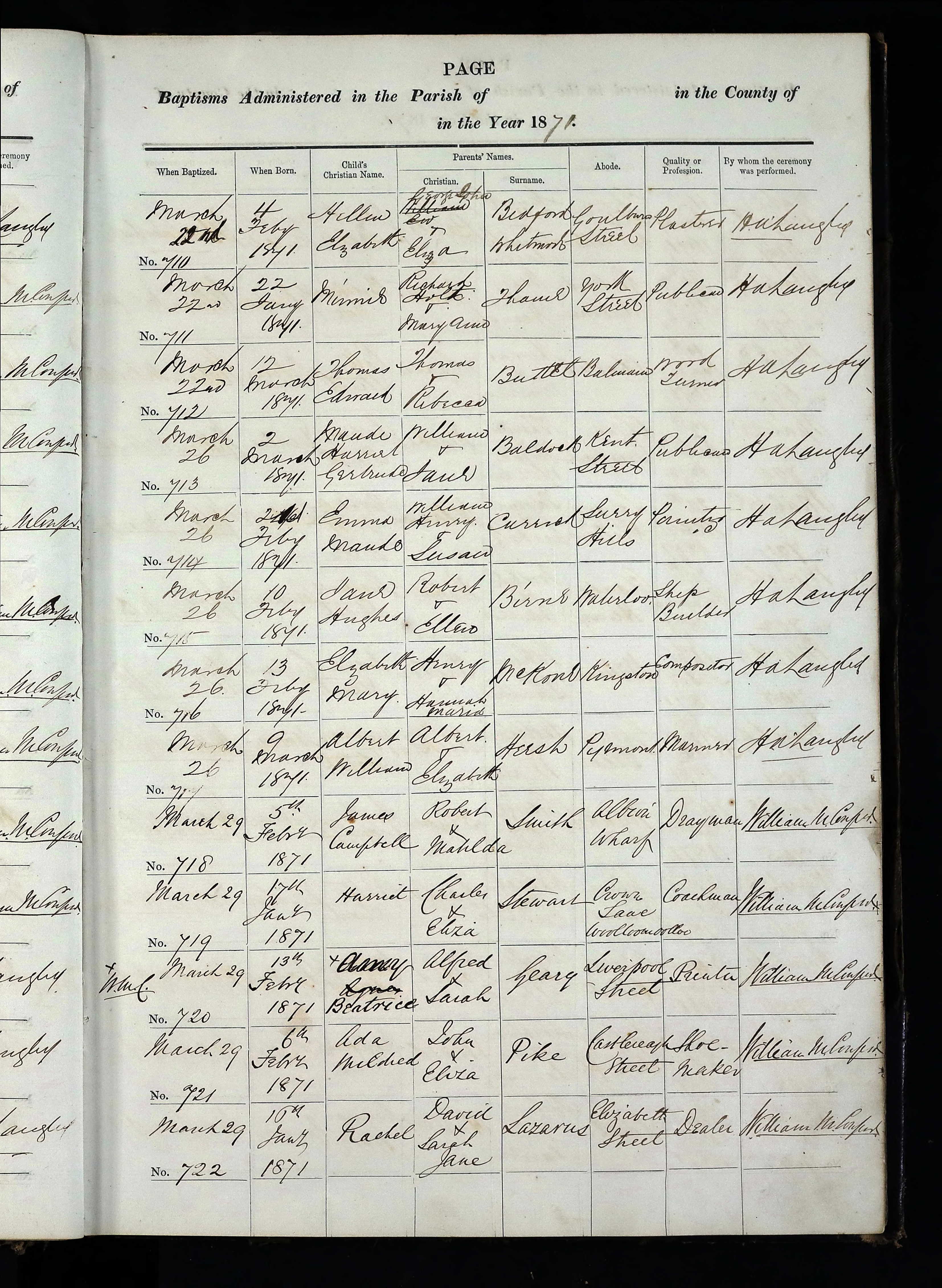 Parish baptism register, 1871: entry for Maude Harriet Gertrude Baldock, parents William and Ann Baldock of Kent Street, occupation publican.