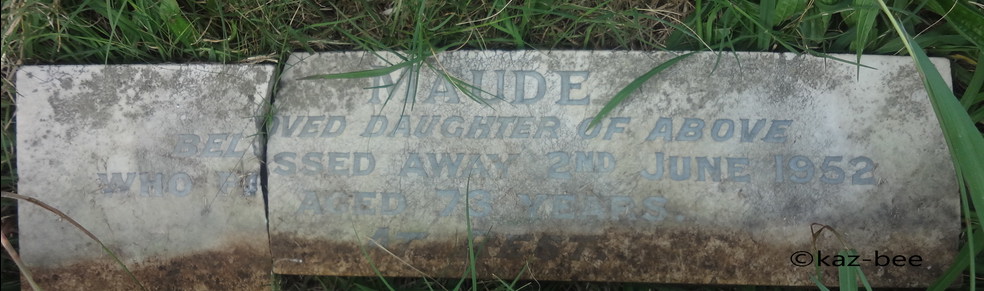 A weathered concrete headstone, fallen and lying in grass at Rookwood Cemetery, inscribed MAUDE, BELOVED DAUGHTER OF ABOVE, WHO PASSED AWAY 2ND JUNE 1952, AGED 73 YEARS.