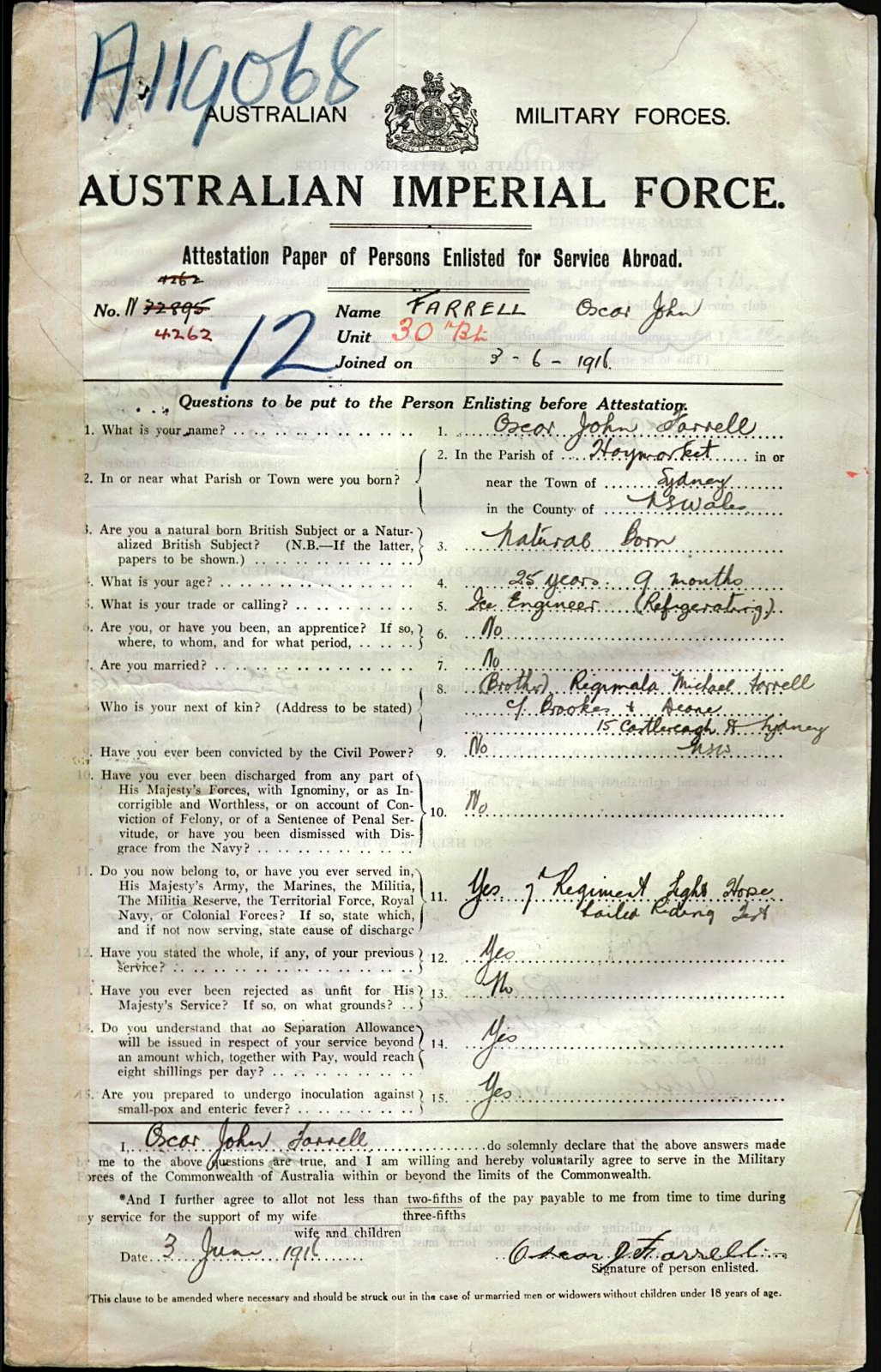 An Australian Imperial Force attestation paper for Oscar John Farrell, No. N72895, 30th Battalion, enlisted 3 June 1916, giving his age, trade as ice engineer, and his brother Reginald Michael Farrell as next of kin.