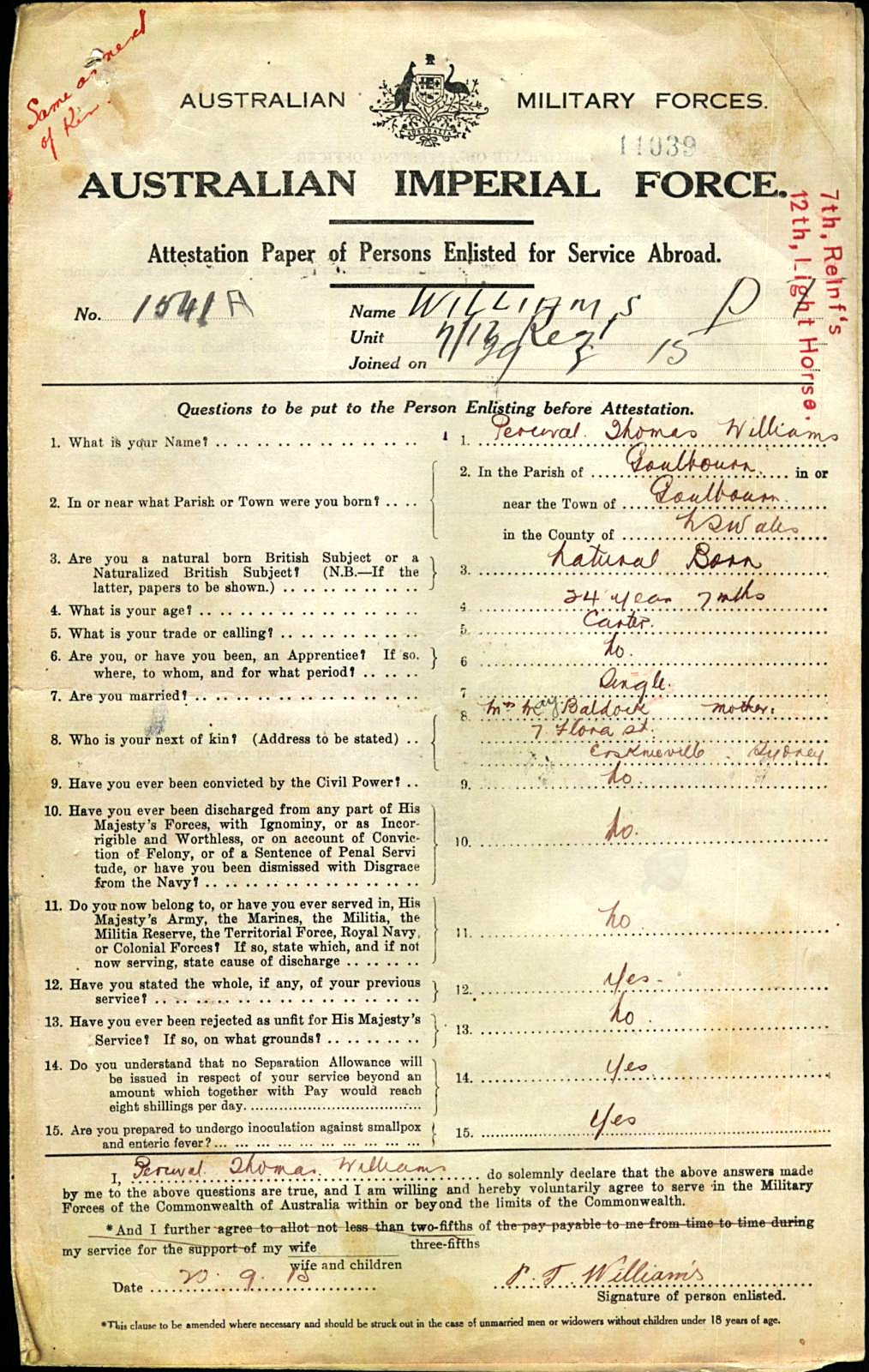 A printed Australian Imperial Force attestation paper, filled in by hand, for Percival Thomas Williams.