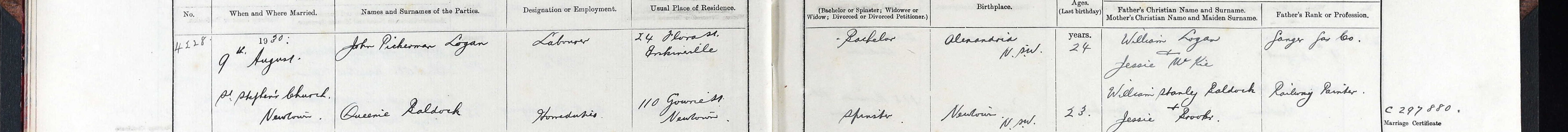 Marriage register entry No. 4128 recording the marriage of John Pickerman Logan, labourer of Erskineville, and Queenie Baldock, of Gowrie Street, Newtown, on 9 August 1930, with the ages, birthplaces and parents of both parties.