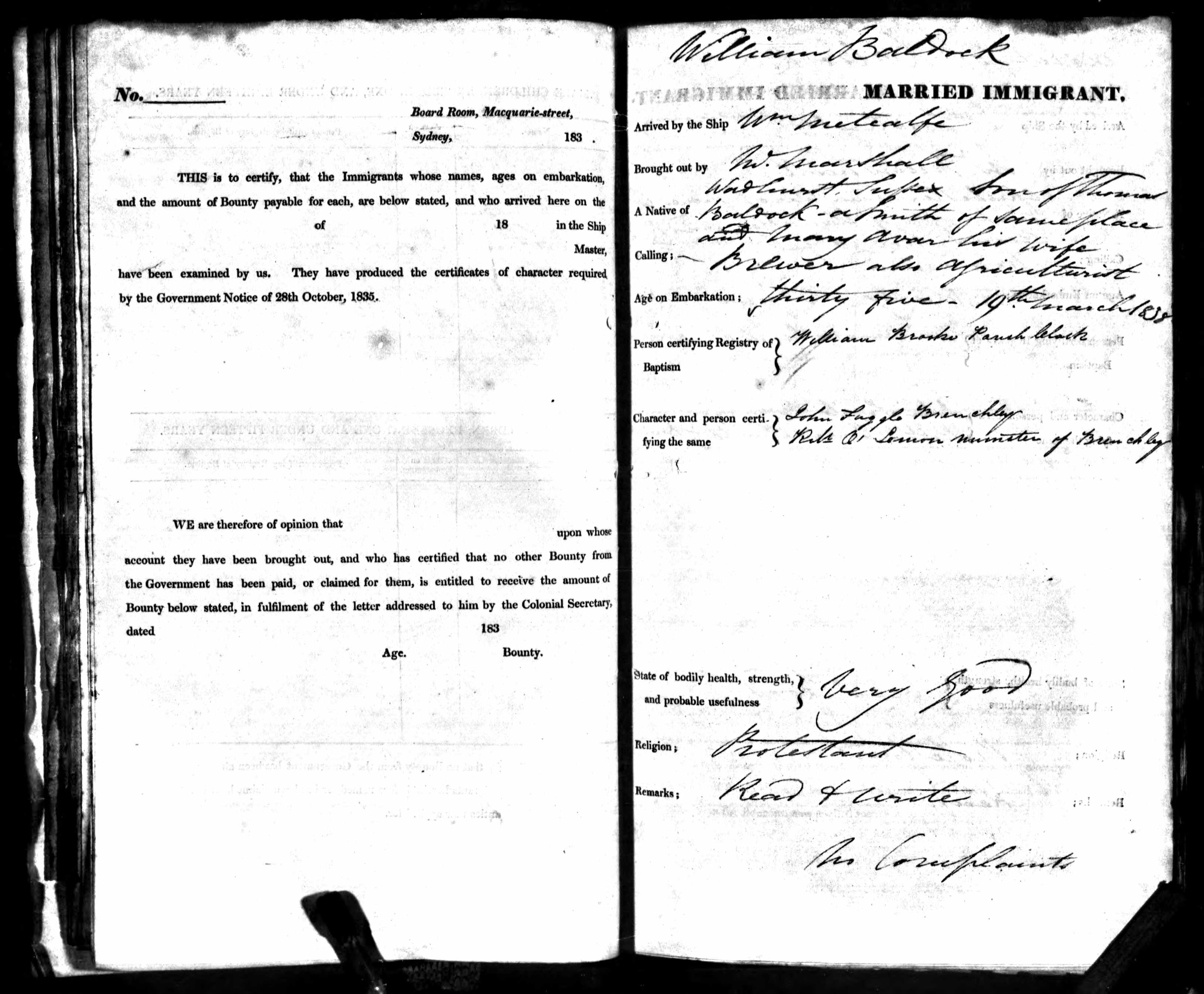 NSW immigration board "Married Immigrant" certificate for William Baldock, giving his native place as Wadhurst, Sussex, son of Thomas Baldock, a smith, and Mary his wife, calling given as "Brewer, also Agriculturist".
