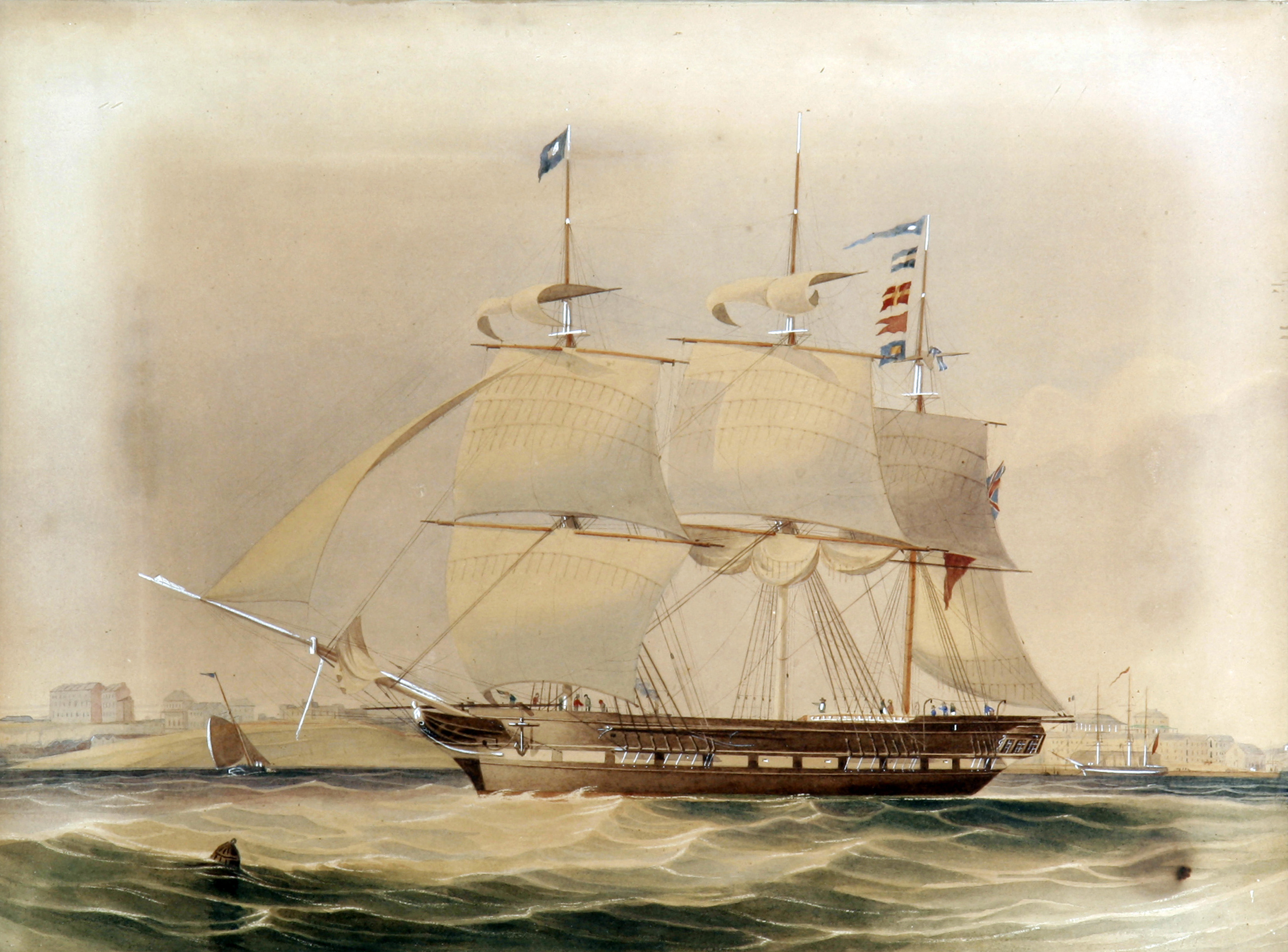 Watercolour ship’s portrait of the barque William Mitcalfe, 447 tons, under Captain Edward Phillipson, sailing out of Darling Harbour, Sydney, 1846.