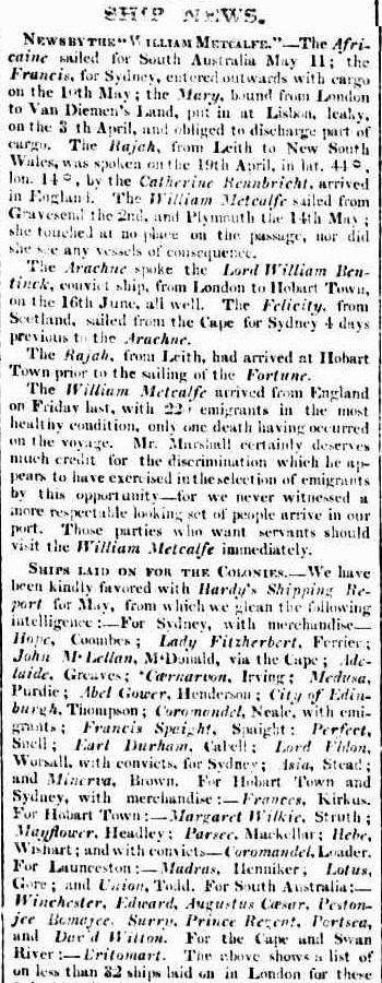 Sydney Herald "Ship News" column, 3 September 1838, reporting the arrival of the William Metcalfe from England with emigrants in the most healthy condition.