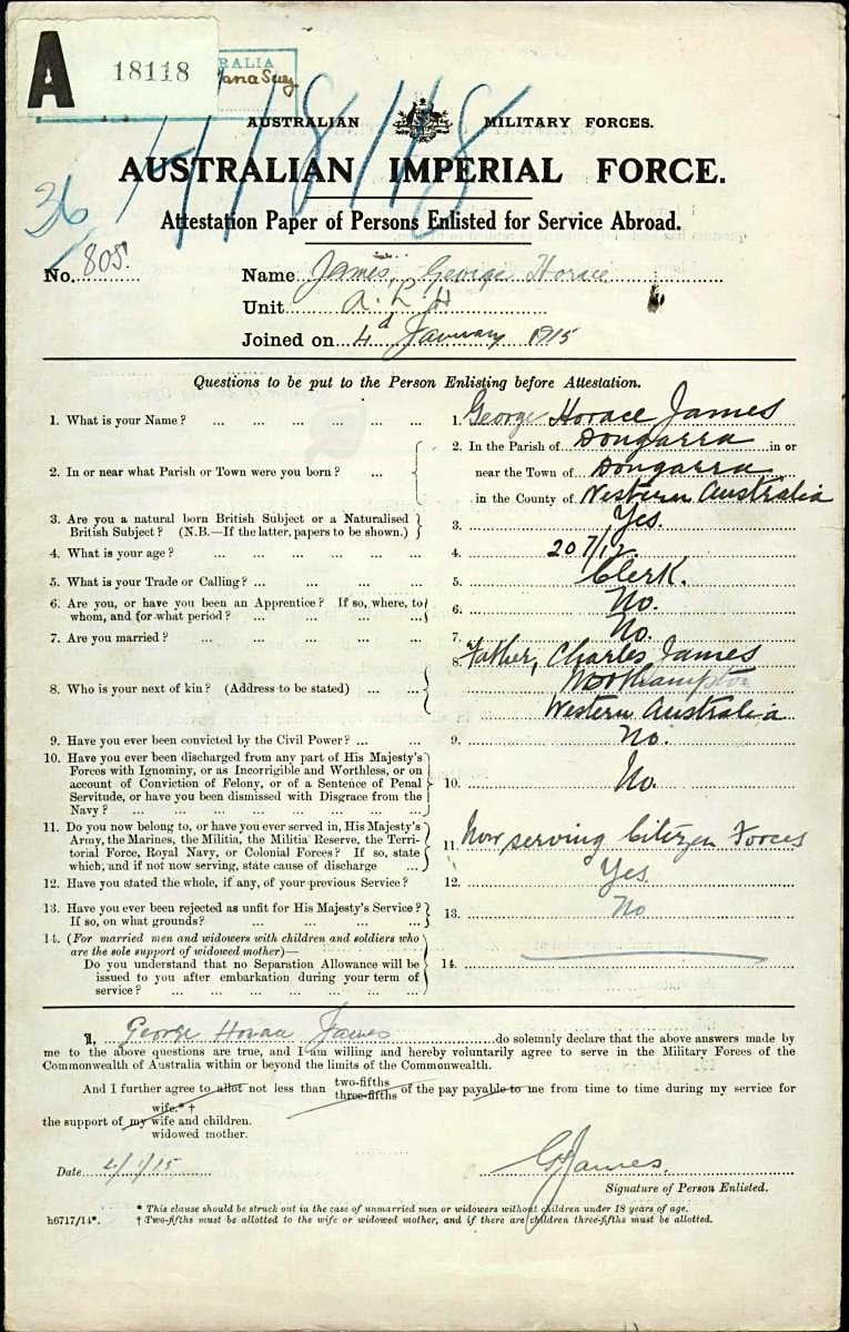 AIF attestation paper of George Horace James, joined 4 January 1915, born Dongarra, Western Australia, aged 20 and 7 months, clerk, next of kin his father Charles James of Northampton.