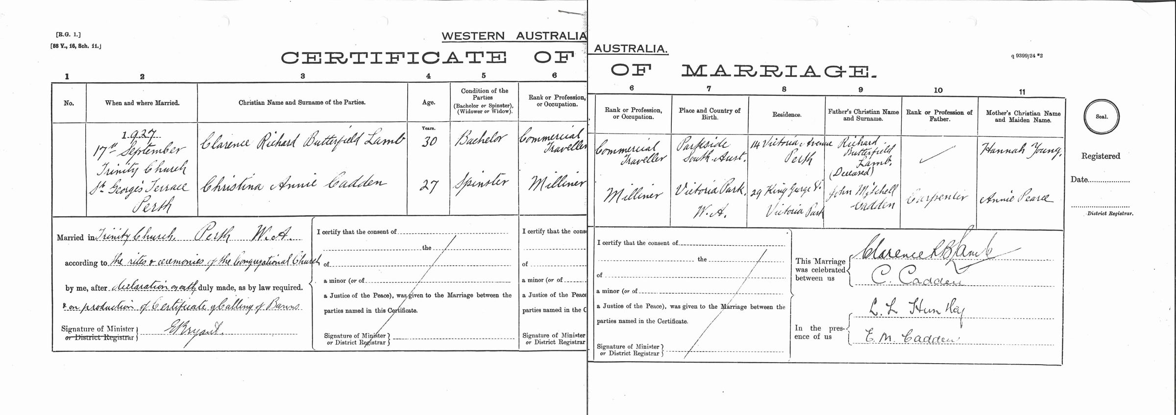 Western Australian certificate of marriage, 17 September 1927, Trinity Church, St George’s Terrace, Perth, between Clarence Richard Butterfield Lamb, 30, bachelor, commercial traveller, and Christina Annie Cadden, 27, spinster, milliner, signed by the minister E. Bryant and witnessed by L. L. Huntley and E. M. Cadden.