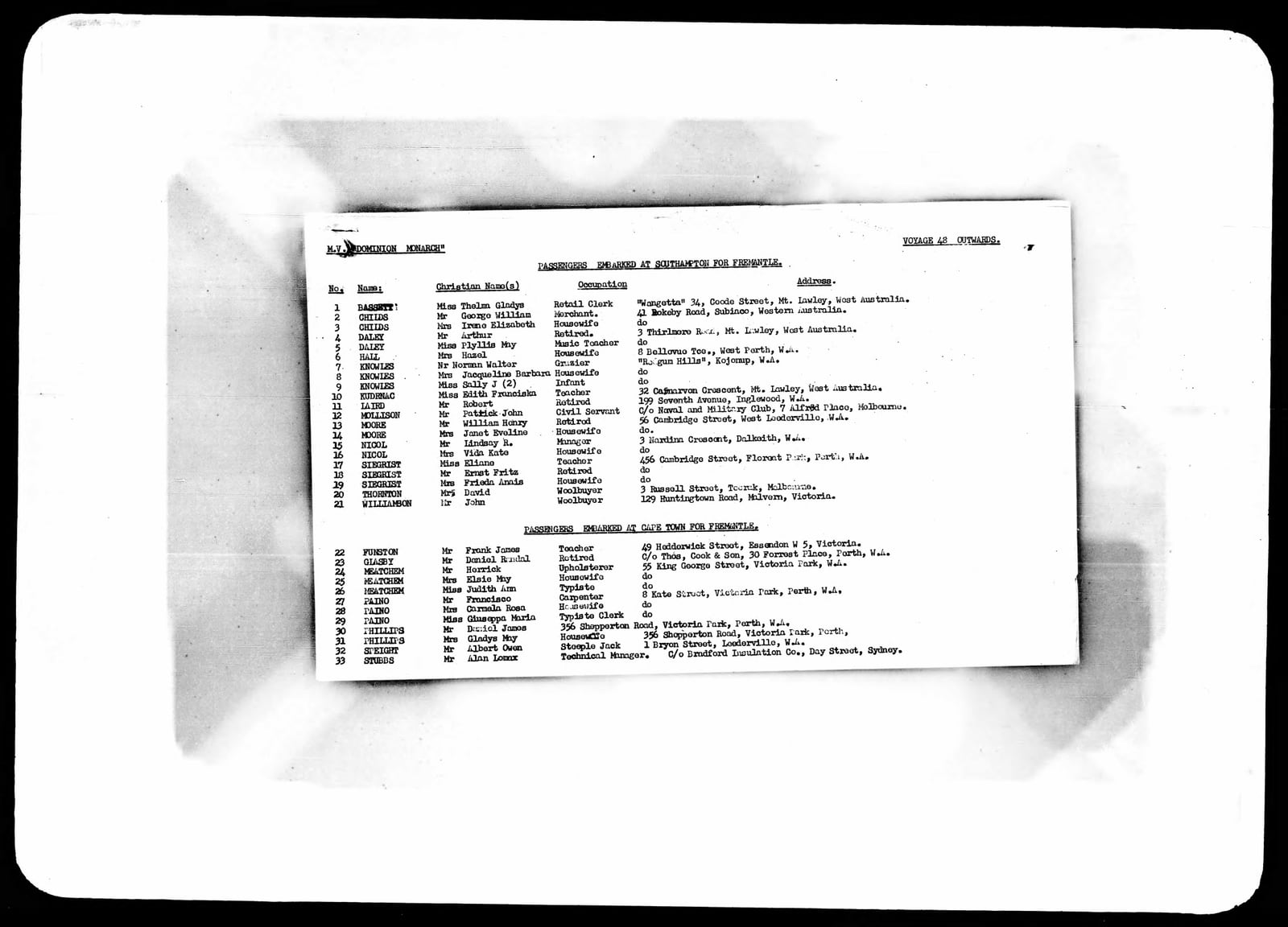 Typed passenger list of M.V. Dominion Monarch, voyage 48 outwards, listing passengers embarked at Cape Town for Fremantle, including Mr Herrick Meatchem, upholsterer, Mrs Elsie May Meatchem, housewife, and Miss Judith Ann Meatchem, typiste, of 55 King George Street, Victoria Park.