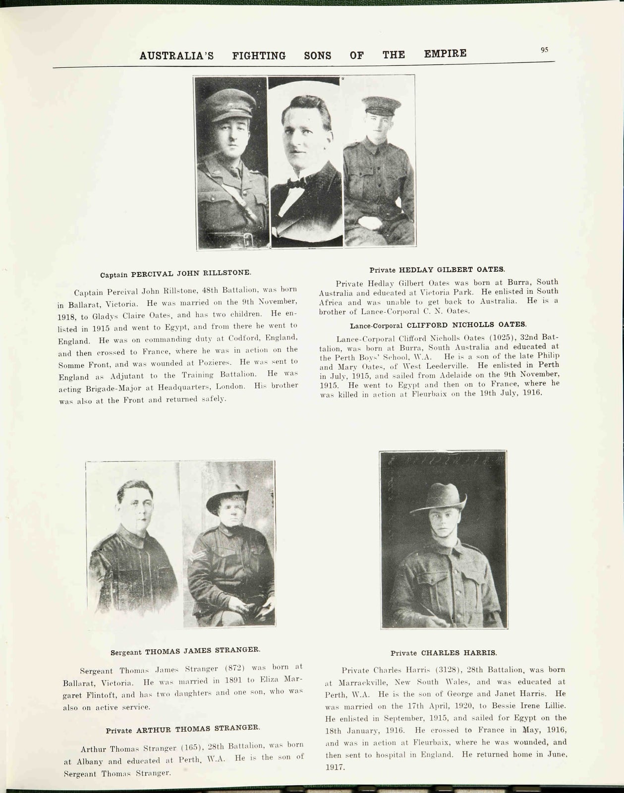 Page from Australia’s Fighting Sons of the Empire with three portrait photographs and biographies of Captain Percival John Rillstone, Private Hedlay Gilbert Oates in civilian dress, and Lance-Corporal Clifford Nicholls Oates.