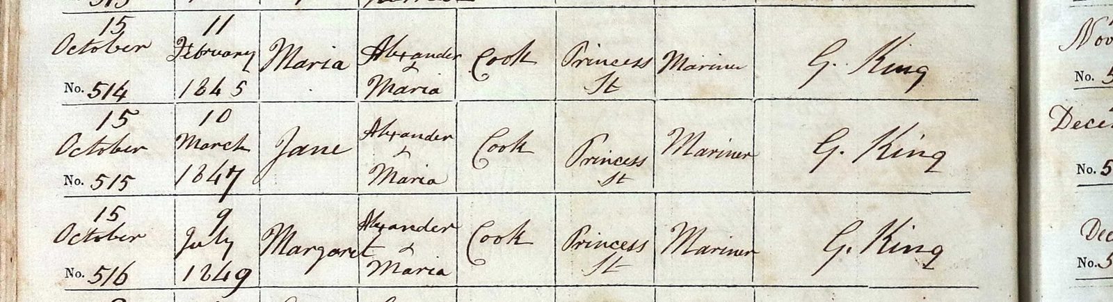A page of a baptism register showing three entries on 15 October 1853: Maria, born 11 February 1845; Jane, born 10 March 1847; and Margaret, born 9 July 1849, children of Alexander and Maria Cook, Princess Street, Mariner.