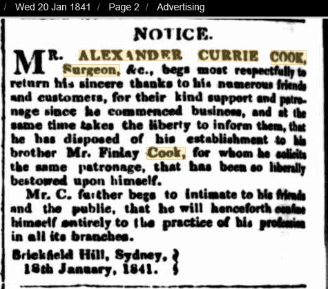 Two newspaper notices side by side: Mr. Finlay Cook announces he has purchased the whole of his brother’s establishment at Brickfield Hill; Mr. Alexander Currie Cook, Surgeon, announces he has disposed of his establishment to his brother.