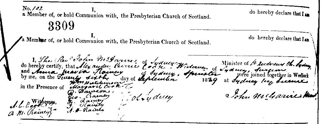 A handwritten marriage register entry: Alexander Currie Cook of Sydney, widower, surgeon, and Anna Maria Rainey of Sydney, spinster, married by licence on 26 September 1839 by the Rev. John McGarvie, with witnesses including Margaret Cook and members of the Rainey family.