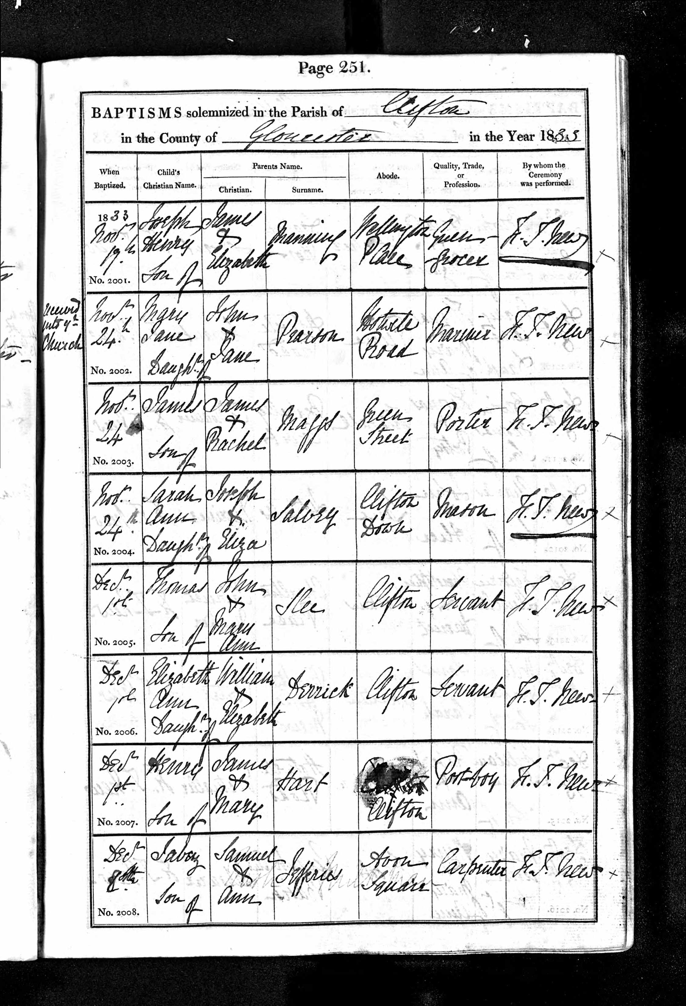 A ruled parish-register page headed “Baptisms solemnized in the Parish of Clifton in the County of Gloucester,” page 251, filled in a copperplate hand. The foot entry, number 2008, reads: Jabez, son of Samuel and Ann Jeffries, of Avon Square, carpenter — baptised December 8th.