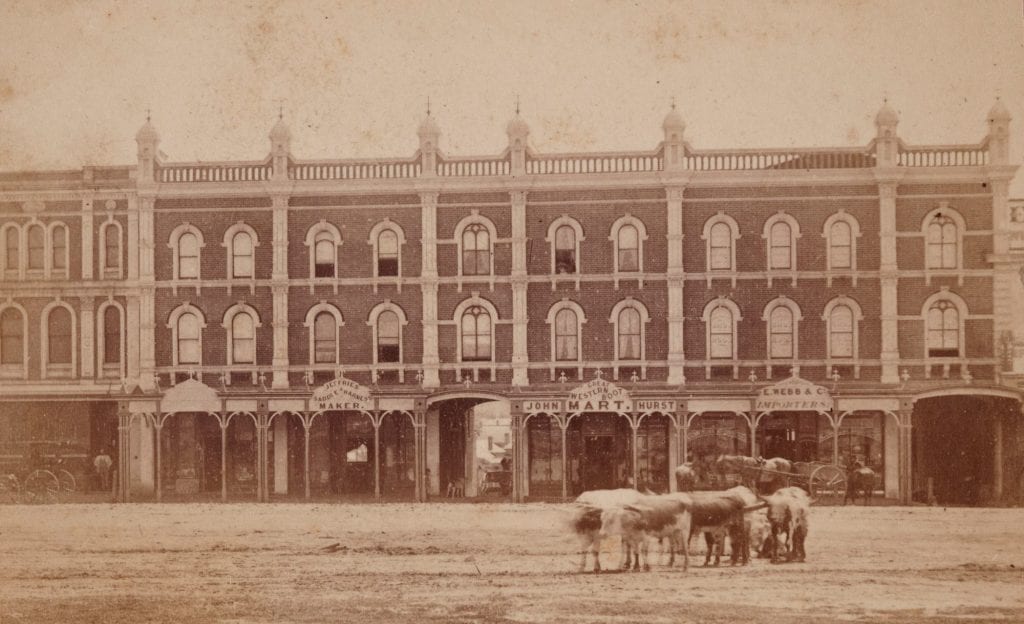 Sepia photograph of a grand three-storey brick commercial terrace with an iron-lace verandah over arcaded shopfronts; a team of about six bullocks rests in the broad unpaved street in front, with horse-drawn vehicles under the verandah.
