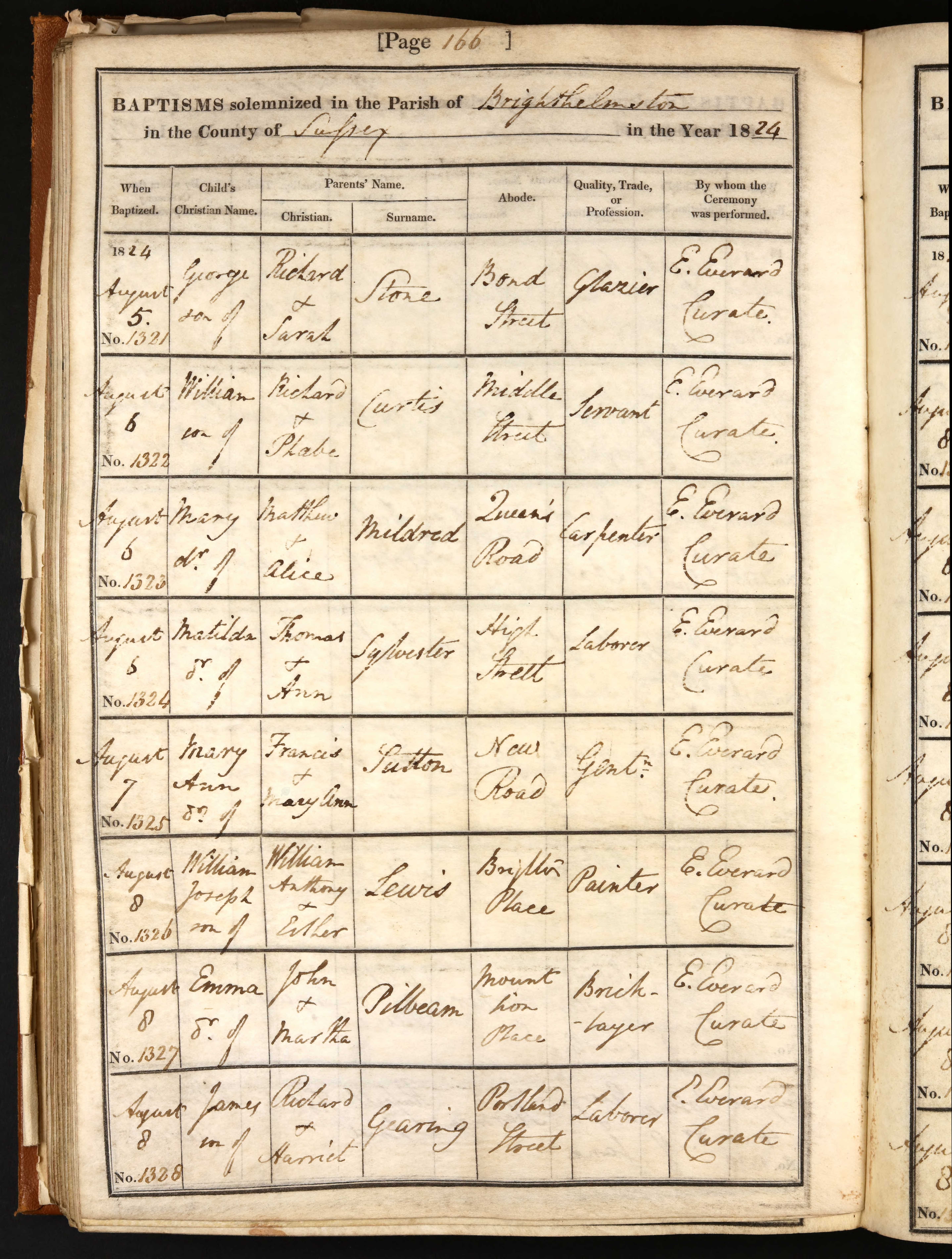 Brighton (Brighthelmston), Sussex parish baptism register, 1824, entry No. 1326: William Joseph, son of William Anthony and Esther Lewis, Brighton Place, painter, baptised 8 August 1824.