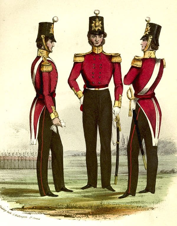 A hand-coloured print of three soldiers of a line infantry regiment in dress uniform — red coatees with gold facings and epaulettes, tall black shako hats, dark trousers with a red side-stripe.