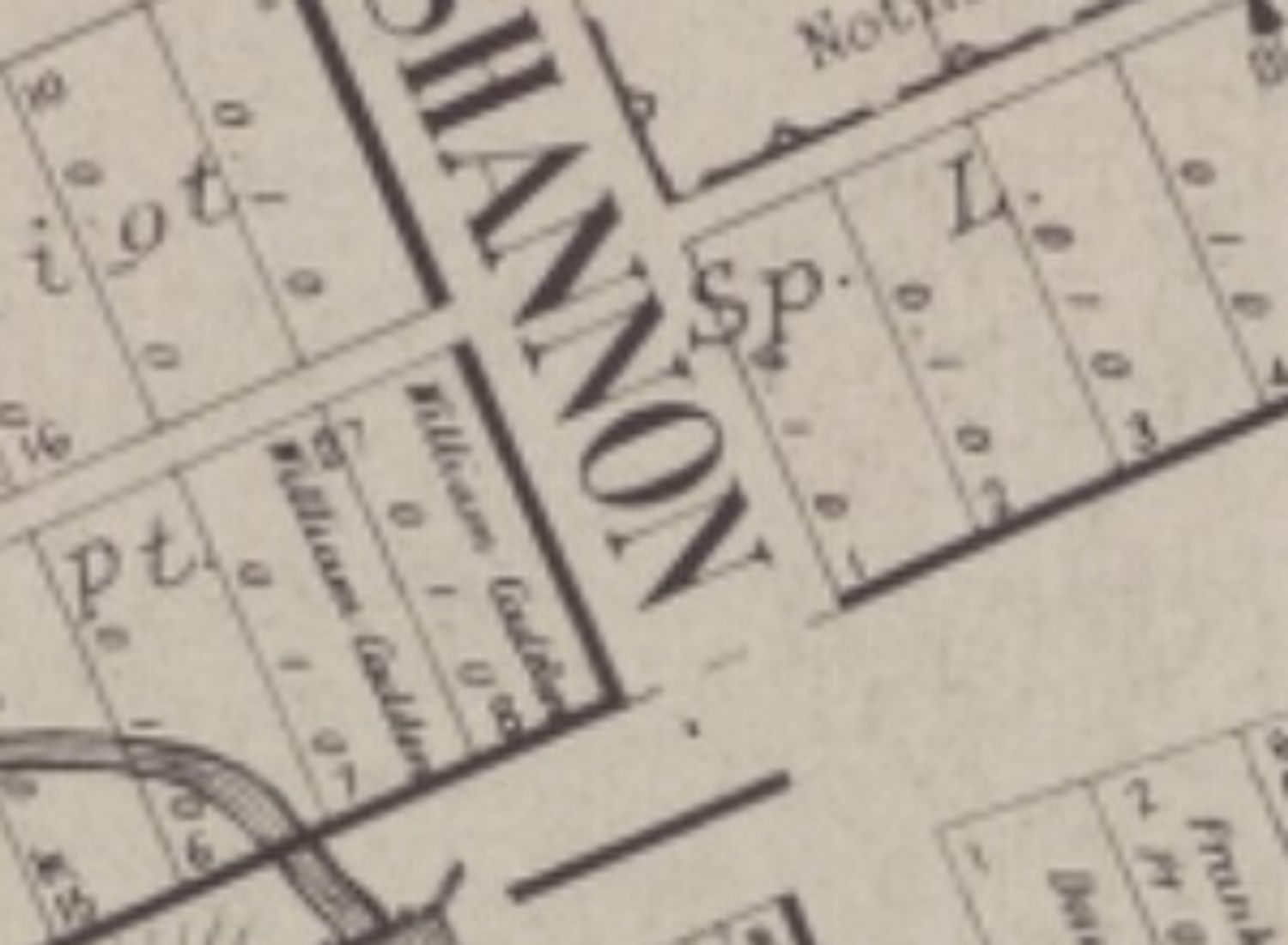 A close, enlarged detail of the Dalmorton village map at the corner of Shannon Street and the highway, showing two small allotments each labelled, in surveyor’s cursive, "William Cadden."