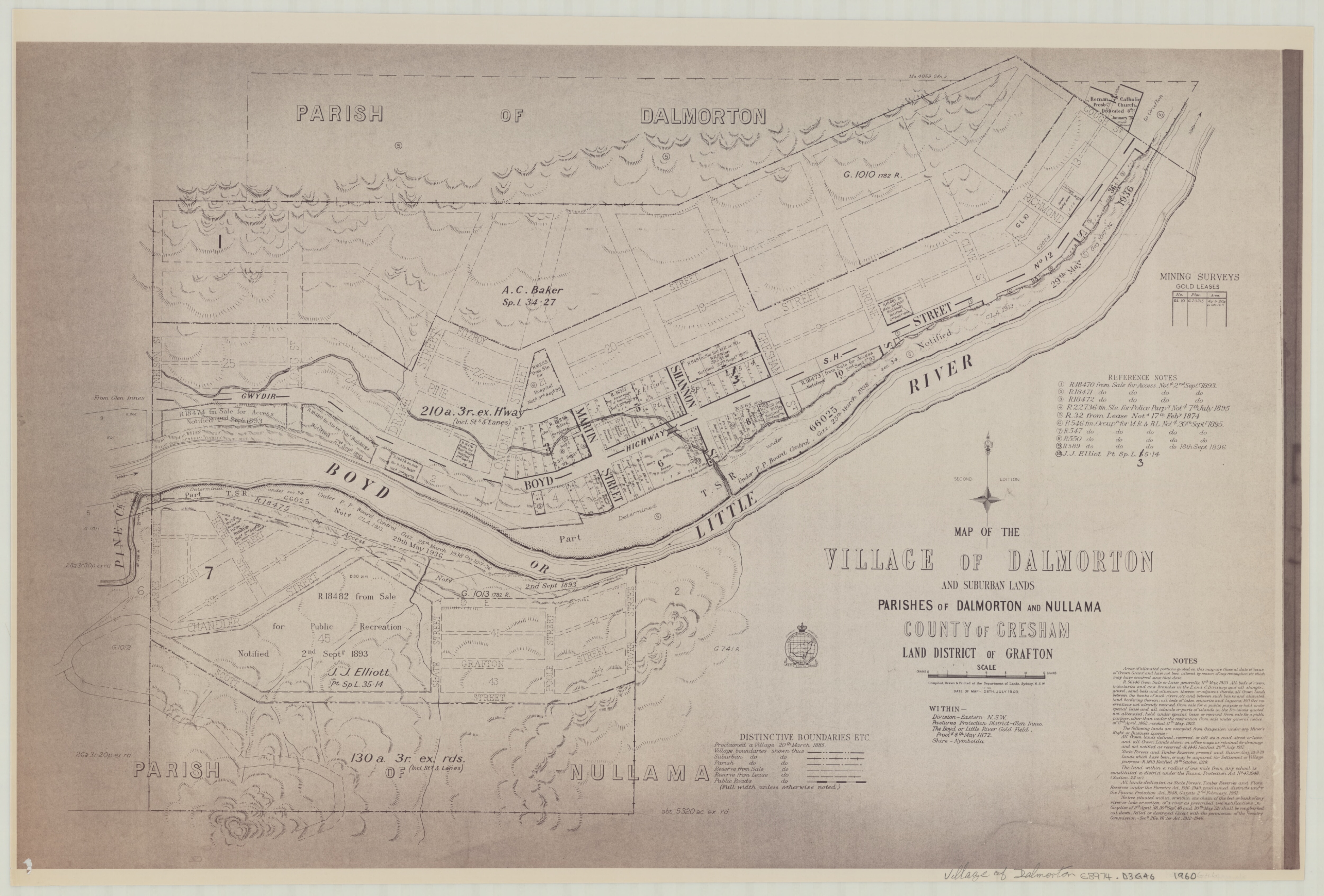 A Department of Lands survey map titled "Map of the Village of Dalmorton and Suburban Lands, Parishes of Dalmorton and Nullama, County of Gresham, Land District of Grafton," showing a grid of named streets — Fitzroy, Pine, Shannon, Martin, Boyd, Gwydir, Chandler, Grafton — laid out on a bend of the Boyd, or Little River, with numbered mining survey gold leases marked along the far bank.