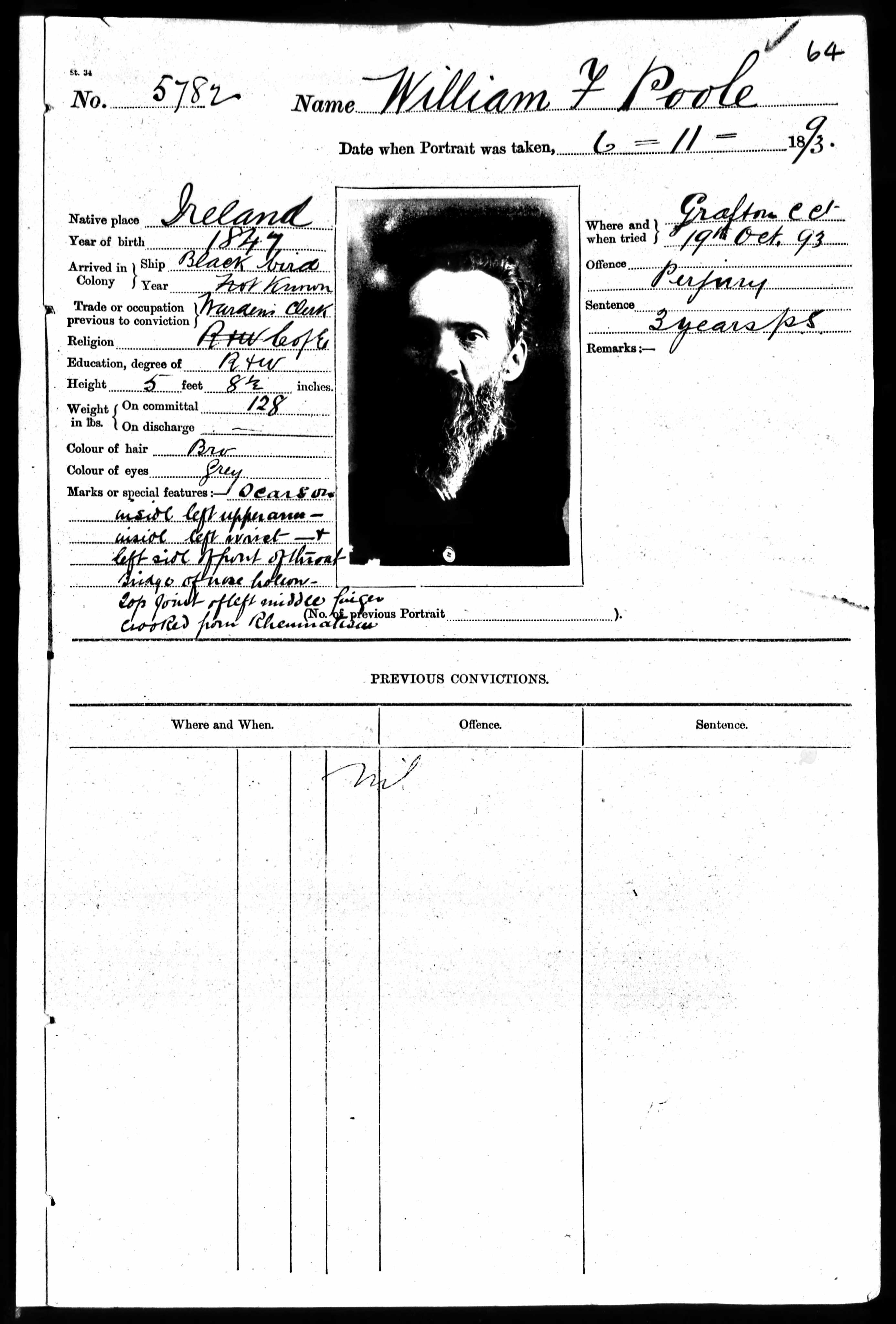 A handwritten and typed NSW gaol description sheet headed "Name: William F. Poole", with a small oval photograph of a bearded man pasted at centre, and columns of personal description and offence details filled in by hand.